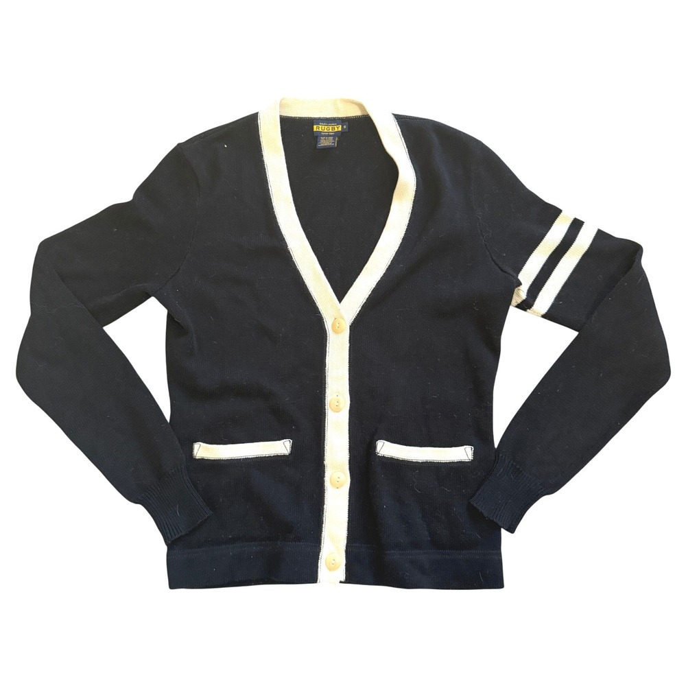 Vintage Ralph Lauren Rugby Black Varsity Cardigan Small Collegiate Preppy Sporty
